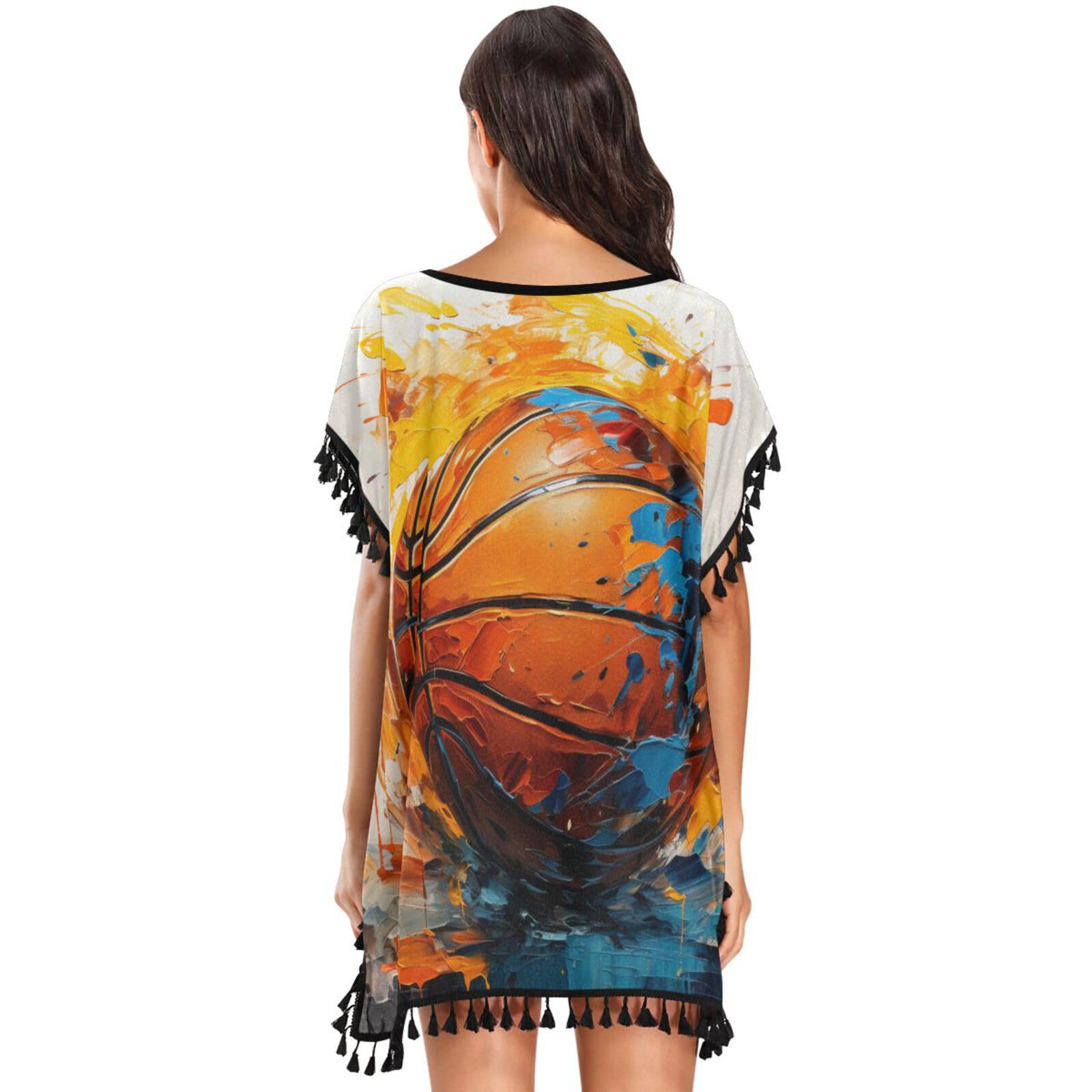 Watercolor Basketball Blue Art Women's Beach Cover Up Chiffon Tassel Swimwear Swimsuit Coverups for Girl
