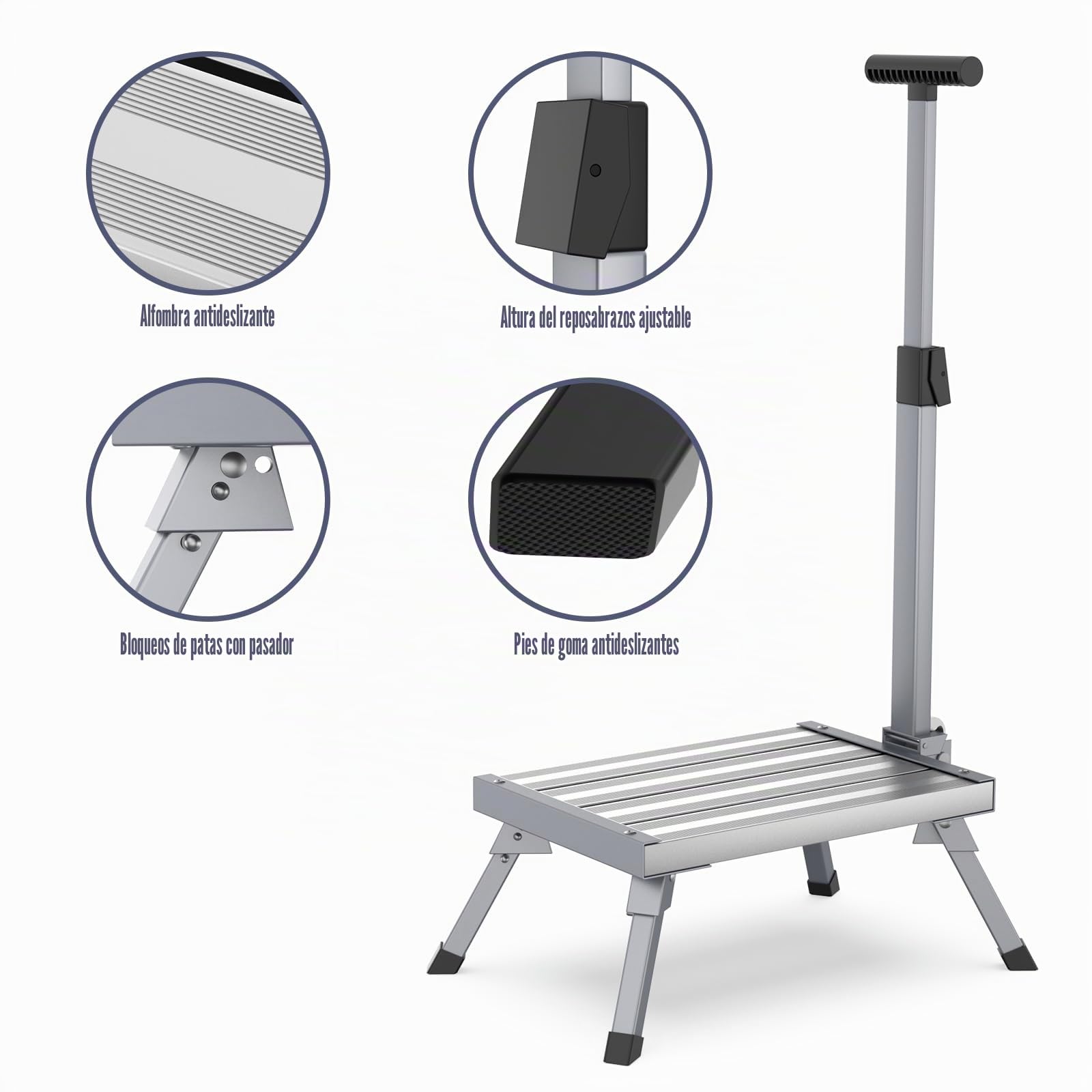 Escalera Plegable de Aluminio, Plataforma de Trabajo de 1 peldaño con pasamanos, Carga máxima de 150 kg, para Cocina, baño, Camping y más, Escalera Plegable con Alfombrilla Antideslizante