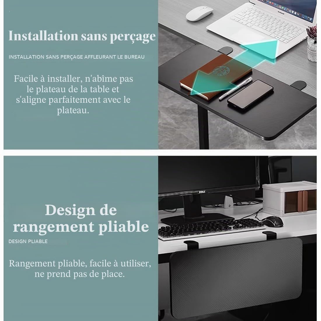 ybaymy Plateau pliable pour clavier - 75 x 25 cm - Plateau d'extension de bureau sans perforation - Pince ergonomique pour souris et clavier - Support coudé pour ordinateur