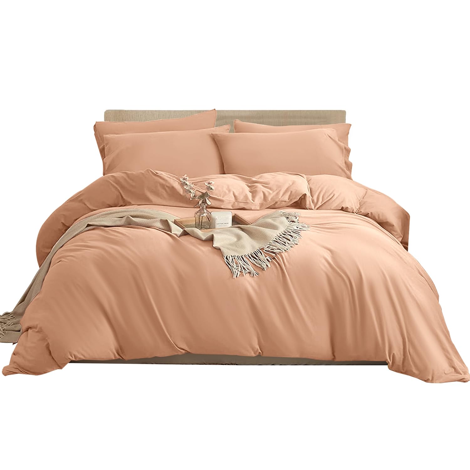 Imperial Rooms Double Duvet Cover Set Brushed Microfiber Plain Bedding Set with Pillow Cases Ultra Soft Button Closure Quilt Cover (200 x 200 Cm Peach)