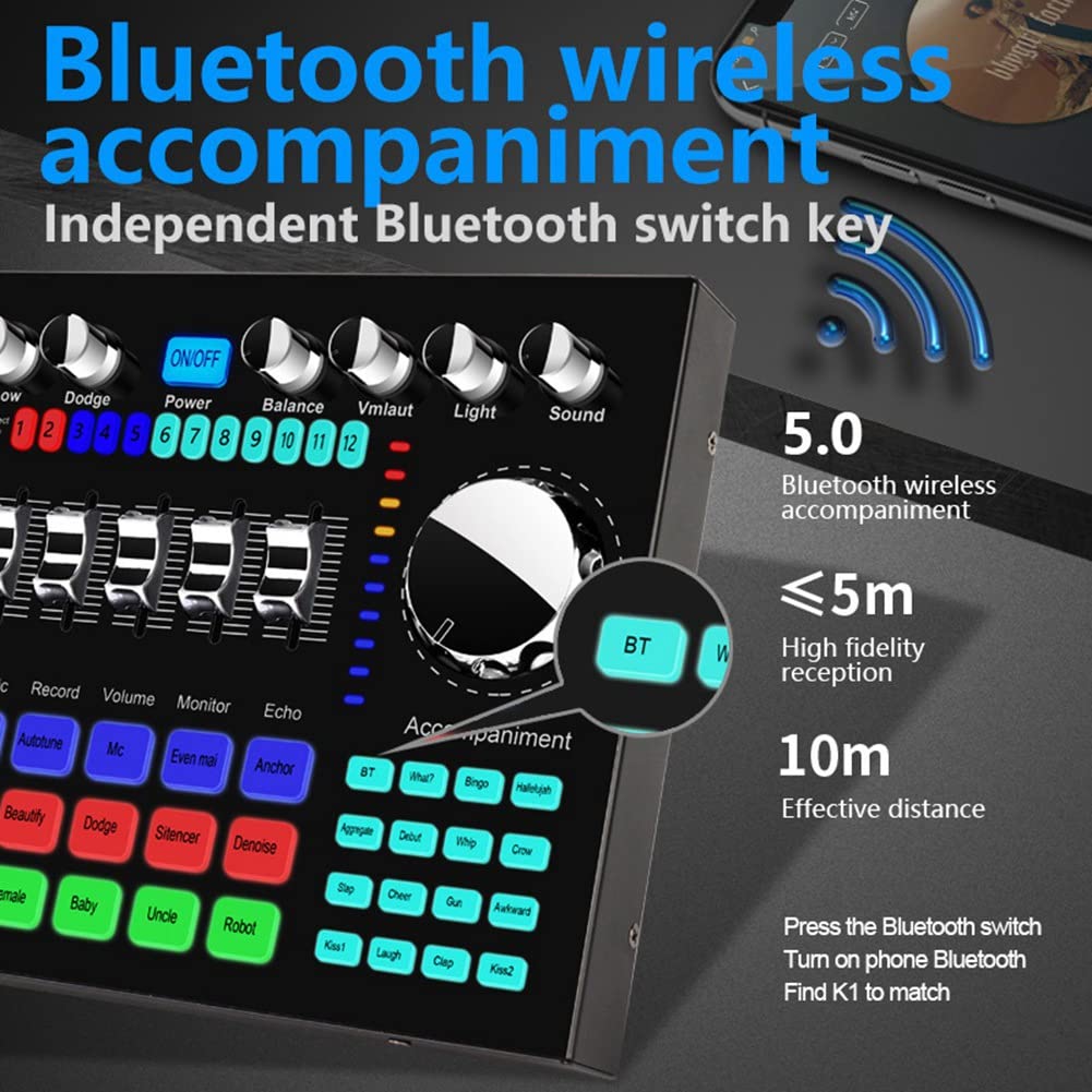 K1 Live Sound Card Portable Bluetooth Sound Card Profession RéGlable Volume Audio pour L'Enregistrement de Musique