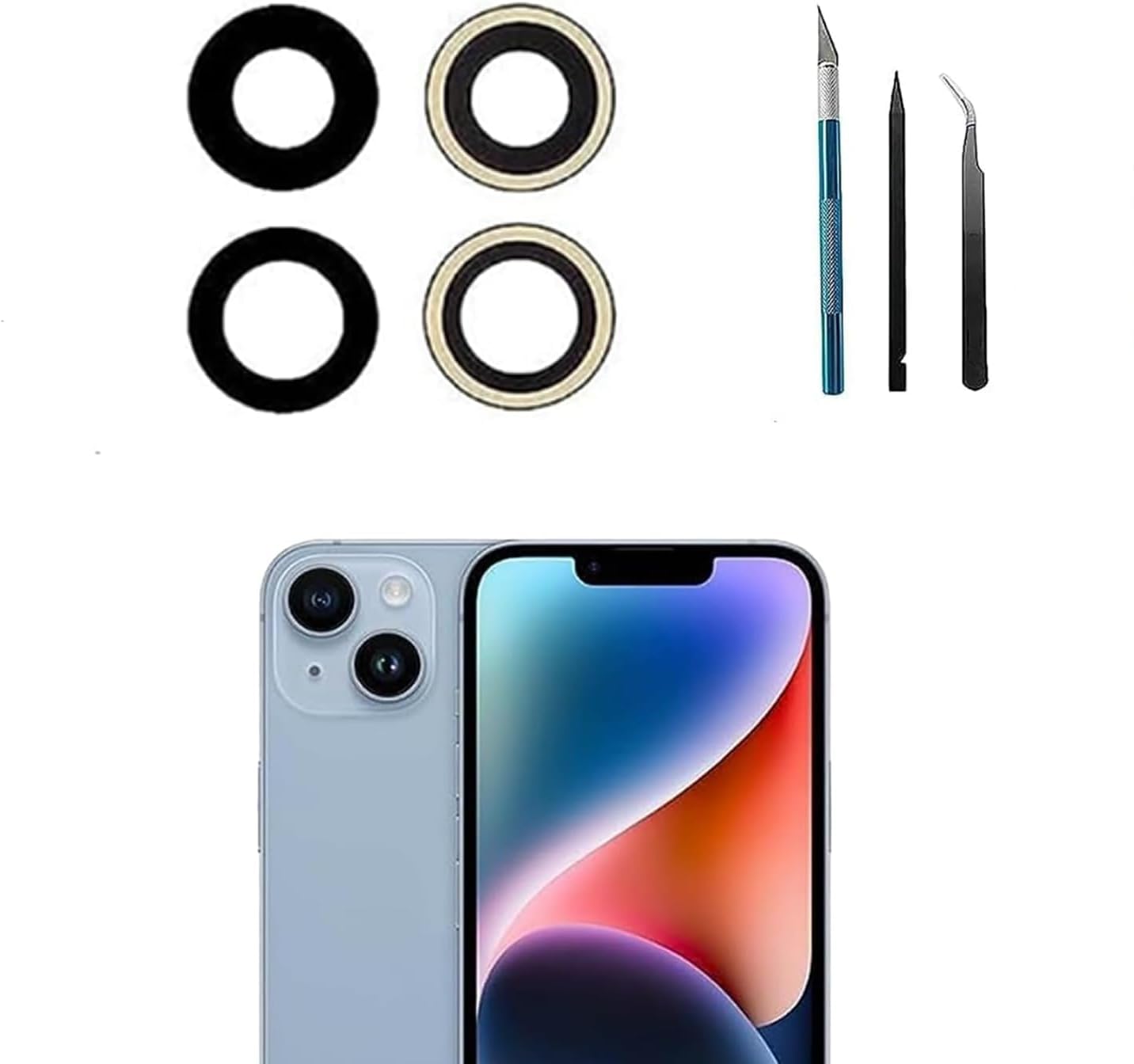 2pcs 14/14 Plus Rear Back Camera Lens Covers Replacement for iPhone 14/iPhone 14 Plus Back Rear Glass Lens Covers Replacement with Repair Tool Kit,Anti-Lens Scratch &amp; Waterproof