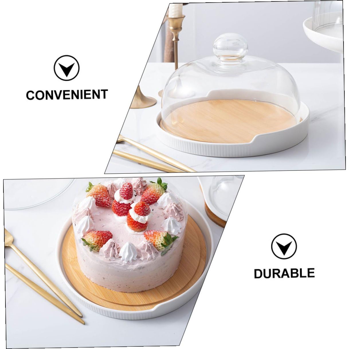 TIDTALEO Alzata per Dolci con Coperchio in Legno e Vetro, Piatto Portata Rotante con Manico, Elegante e Funzionale per Uso Domestico e Feste