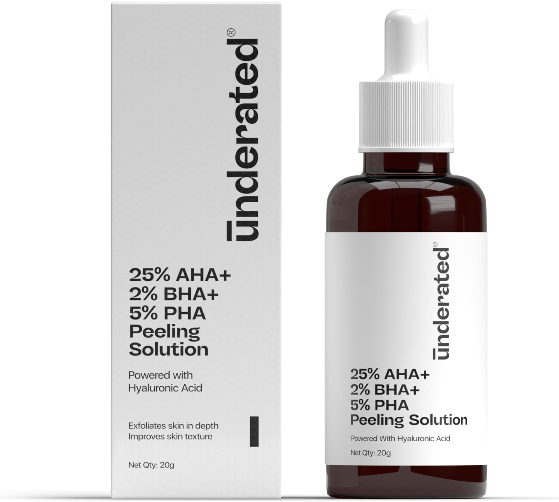 Underated Exfoliating Peeling Solution with 25% AHA, 2% BHA, 5% PHA | Gently Resurfaces & Smoothens Skin Texture | Face Serum for Glowing Skin | 20ml