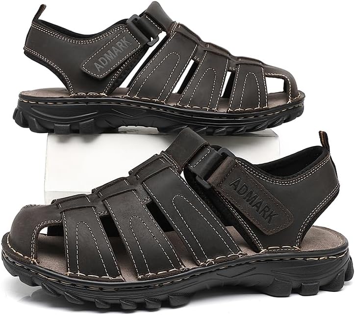 ADMARK Men's Closed Toe Sandals, Handcrafted Full Grain Leather Fisherman Sandals for Men, Arch Support Breathable Hiking Shoes, Comfortable Walking Footwear, Adjustable Snug Fit