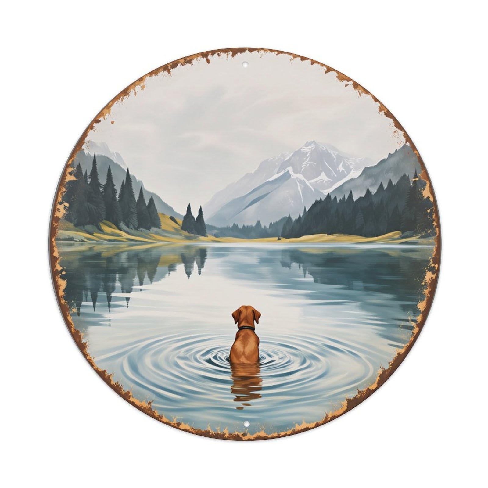 Lzwbntey Vintage Dog In Lake Mountain View Metal Tin Sign Retro Wall Decor For Home Bar Garage Cafe, Indoor & Outdoor Decorative，Circle Metal Poster, 8X8 Inch