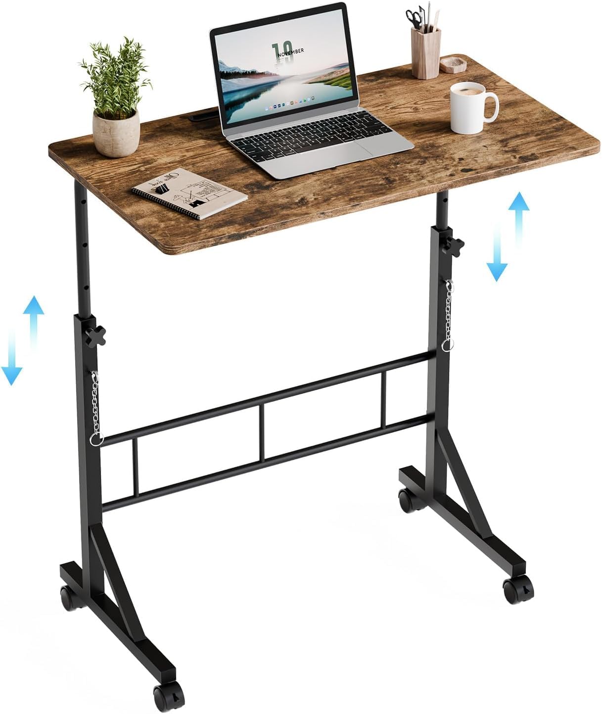 Simple Deluxe Split Top Rotating Standing Desk on Wheels – 23.6" Manual Adjustable Height Mobile Laptop Computer Table – Sit Stand Rolling Workstation with Tilt Function – Brown