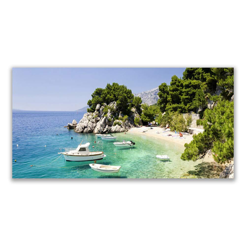 Tableau mural moderne pour salon motif plage et bateau impression sur verre trempe tulup