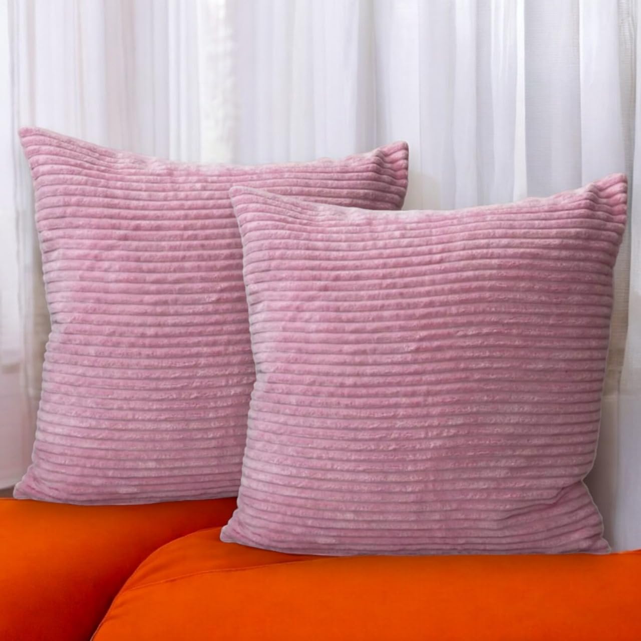 Seechoo Corduroy Cushion Covers, Set of 2, 45 x 45 cm, Striped, with Invisible Zipper, 18 x 18 Inch (Baby Pink) - Image 4