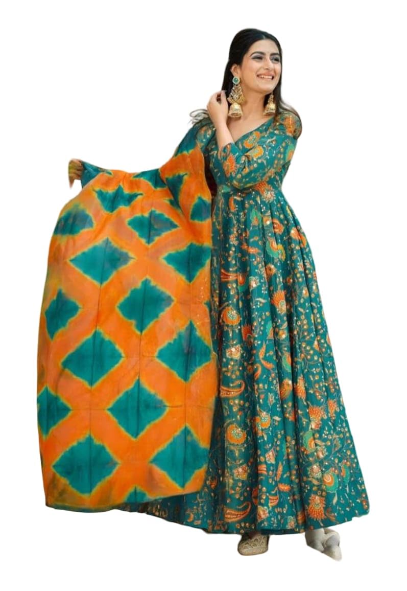 Women's Floral Printed Anarkali Flared Gown with Dupatta, Silk, V-Neck, Floor Length, Ethnic Wear