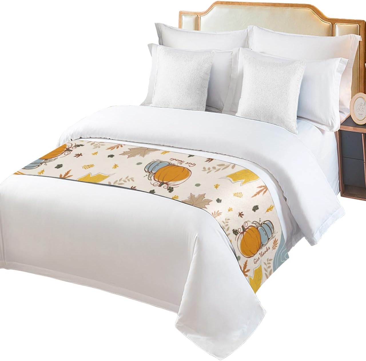 Thanksgiving Bed Runner Scarf Fall Blue Orange and White Pumpkin White Bedding Scarf Decorative Bed Runners Cover for Home Bedroom Hotel Wedding Room Bed Scarf for Foot of Bed King 102x20in