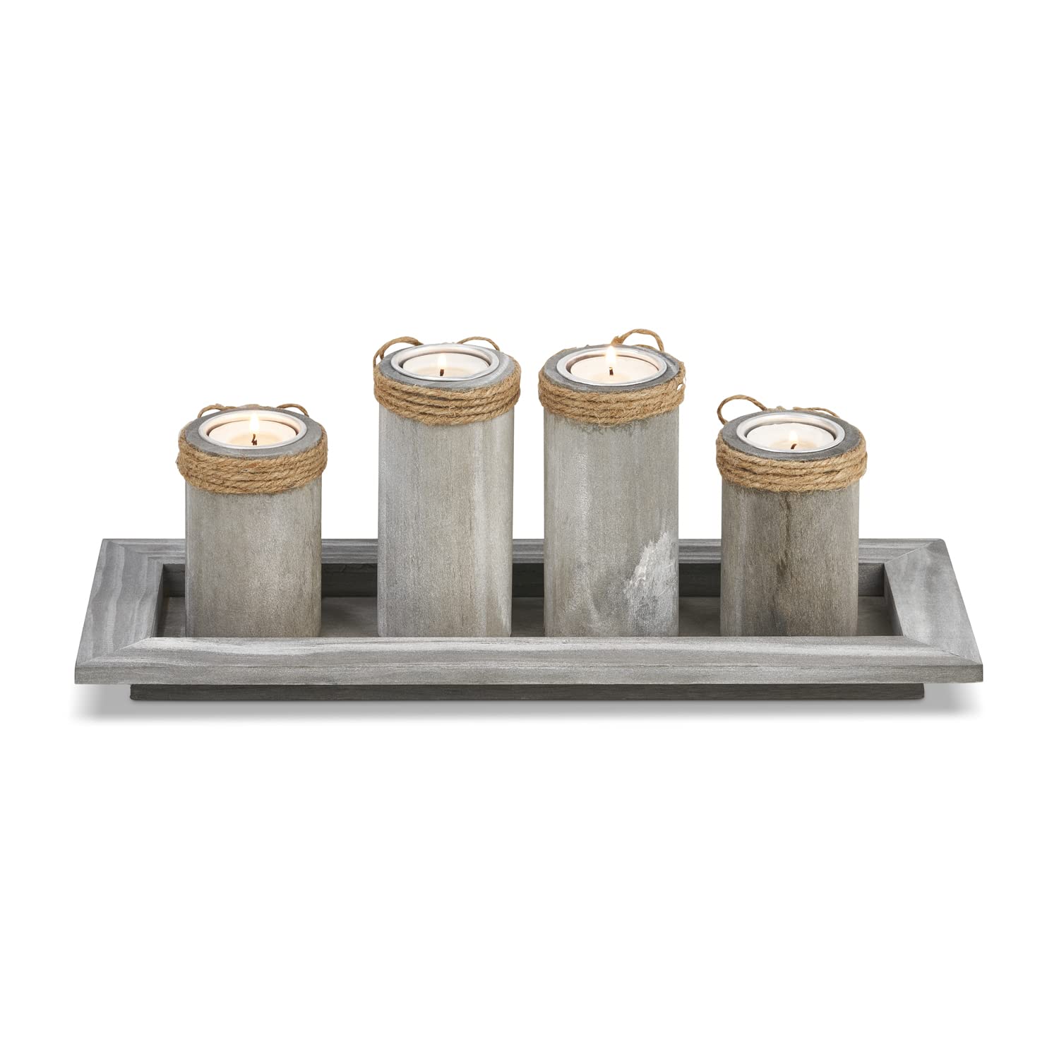 Set Portacandele In Vetro Con Vassoio In Legno E Pietre - Decorazione Per Tavolo E Casa - Foto 6