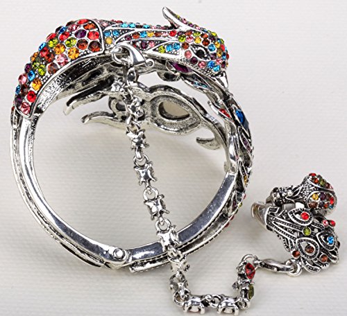 YACQ Women's Hinged Big Peacock Bracelet Slave Stretch Ring Set - Fit Wrist Size 6-1/2 to 7-1/2 Inch & Finger 7 to 9 - Lead Nickle Free - Halloween Costome Outfit3