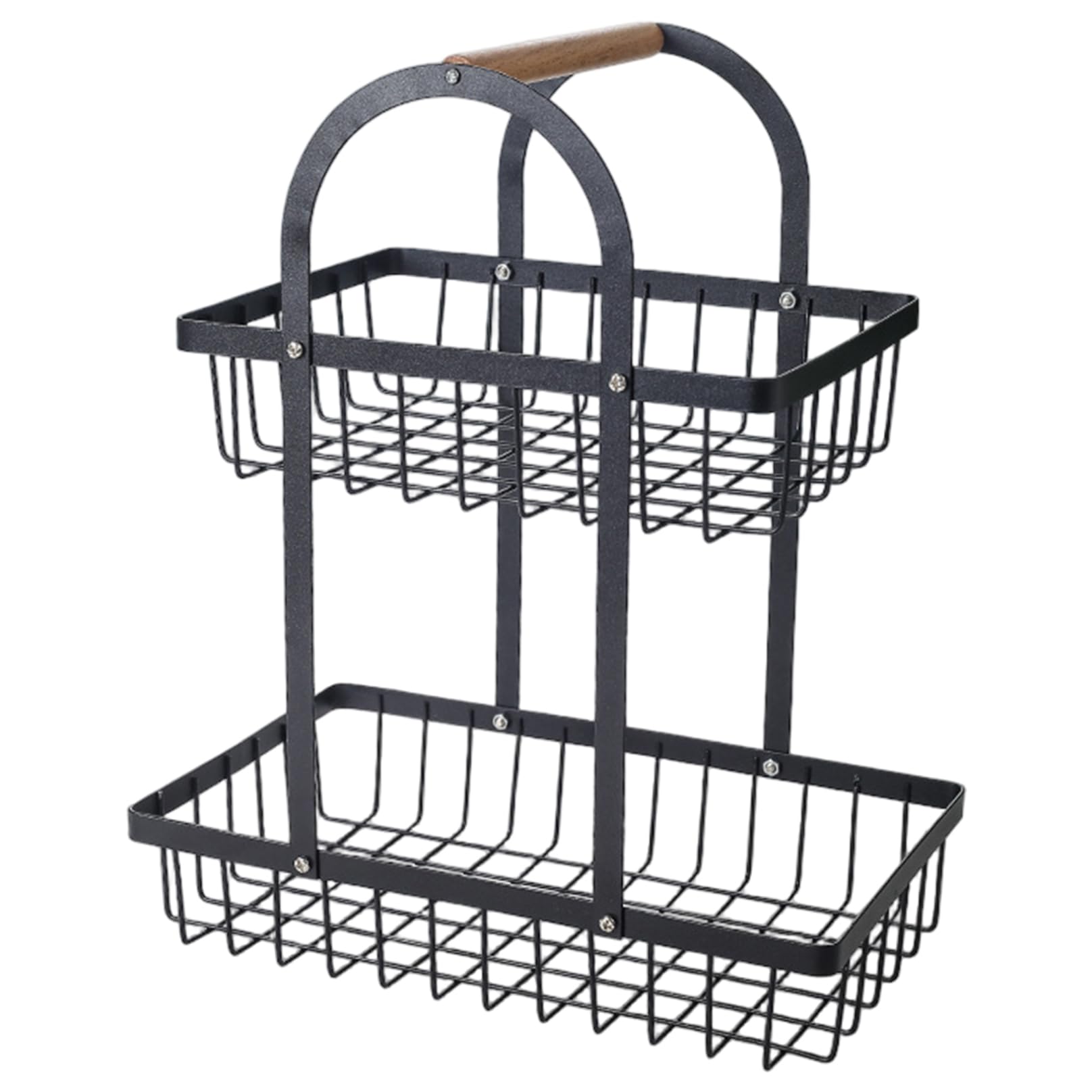 Hbbgdiy Fruit Basket for Kitchen 2 Tier Metal Countertop Basket with Wooden Handle, Space Saving Fruit Organizer for Pantry, Vegetables, Bread, Snack Storage