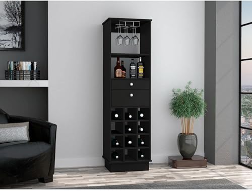 Miniatura 5 de Hype - Armario de bar con 12 cubos de vino, 2 cajones, estante de vidrio y estante, color negro