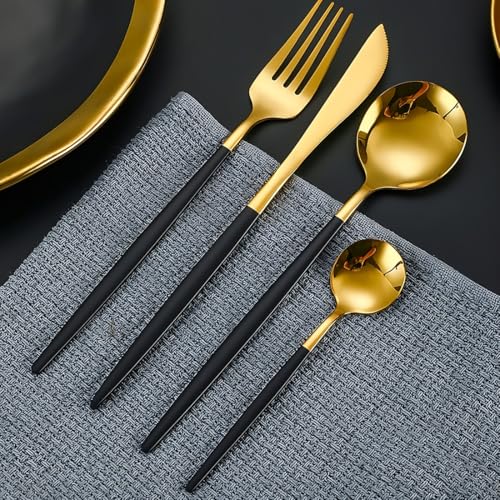 Image of BonZeaL Stainless Steel 24 Pieces Black Gold Cutlery Set with Stand for 6 Person Mirror Finish Flatware Set for Dining Table Hotel Cafe Bar Restaurant Premium House Warming Gifts for New Home Kitchen