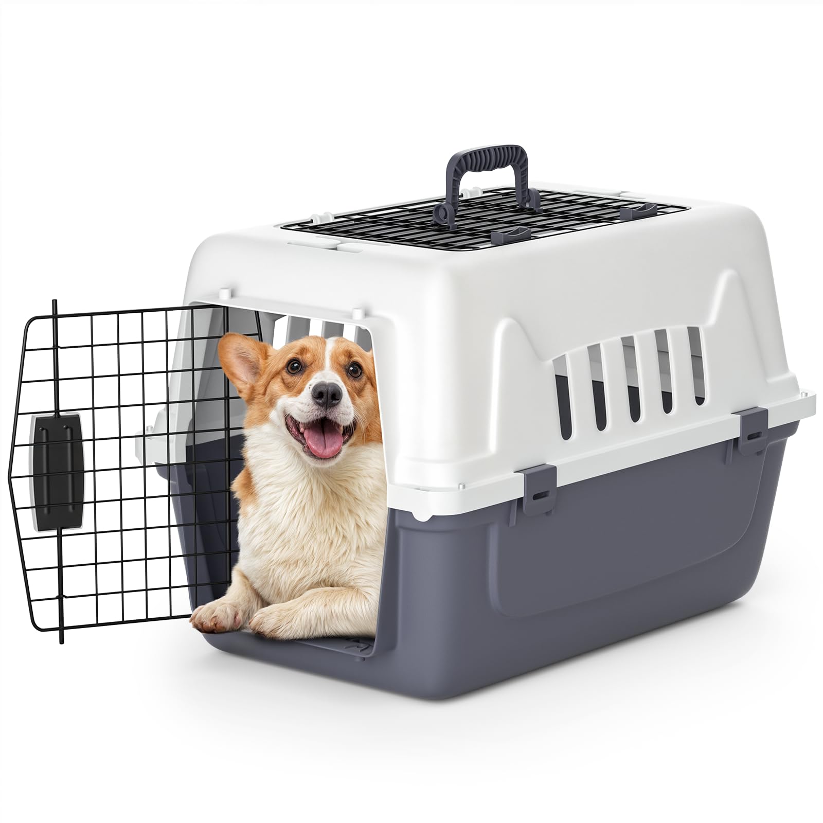 MoNiBloom 22-Inch Dog Crate Plastic 2-Door Top Loading Cat Carrier, Hard-Sided Dog Travel Carrier for Small Dogs and Cats, Ventilation and Security Lock Design for Pets up to 22 lbs (Grey)