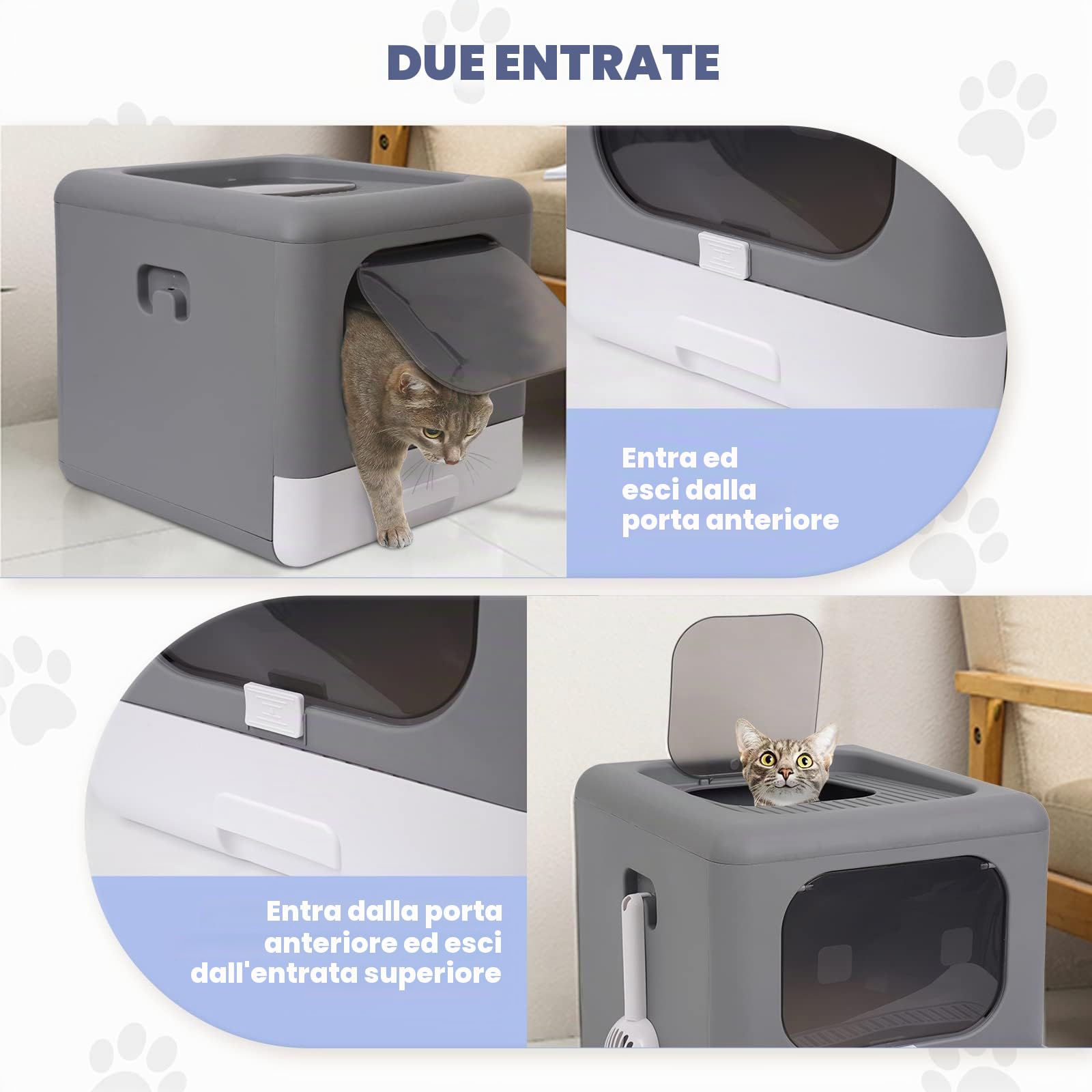 Lettiera gatto chiusa con coperchio, pieghevole e chiusa, con porta anteriore e ingresso dall'alto, facile pulizia, lettiera resistente agli spruzzi d'acqua (grigia)