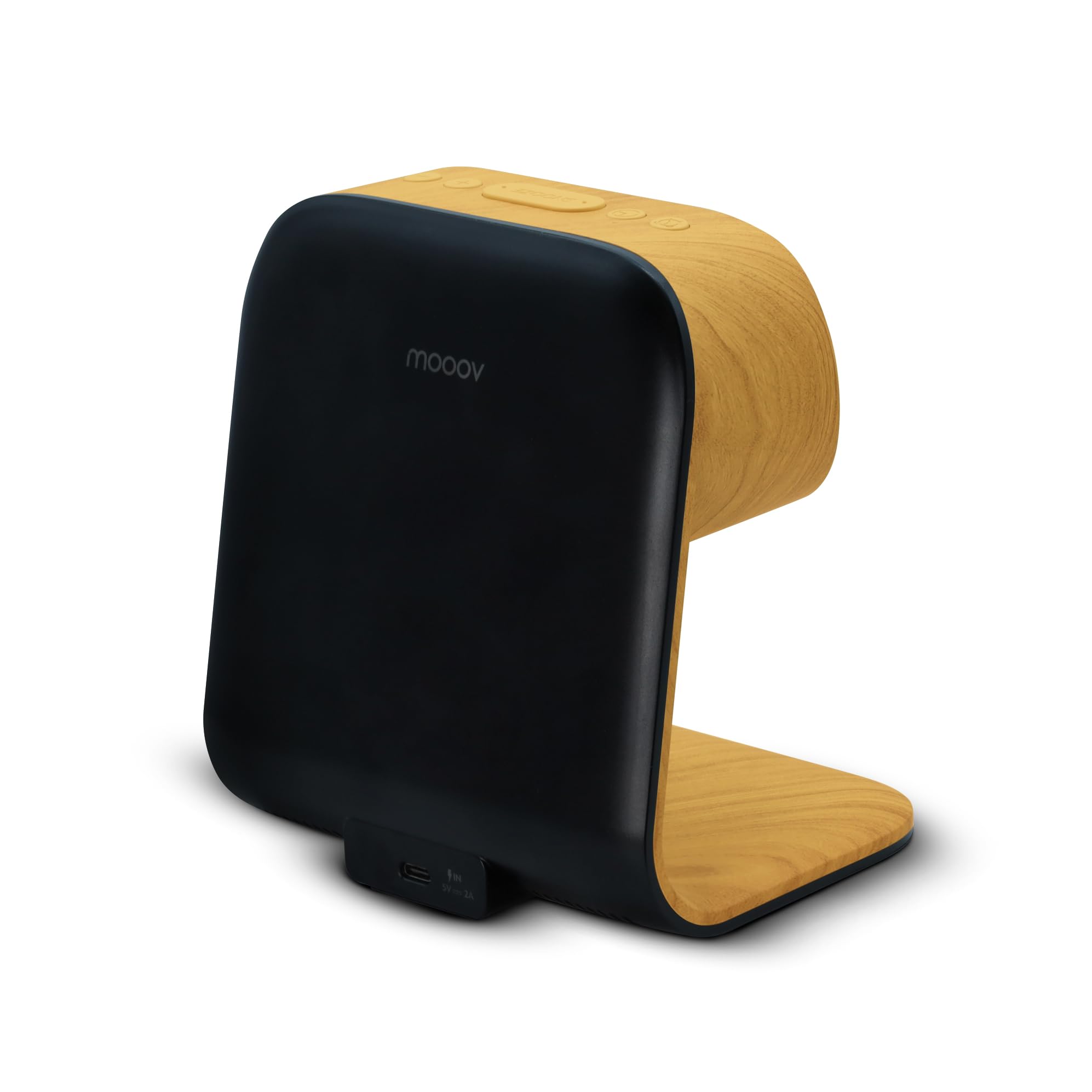 mooov Réveil Affichage Multicouleur Liseuse avec Chargeur Induction 15W - Alimenattion Secteur- Effet Bois