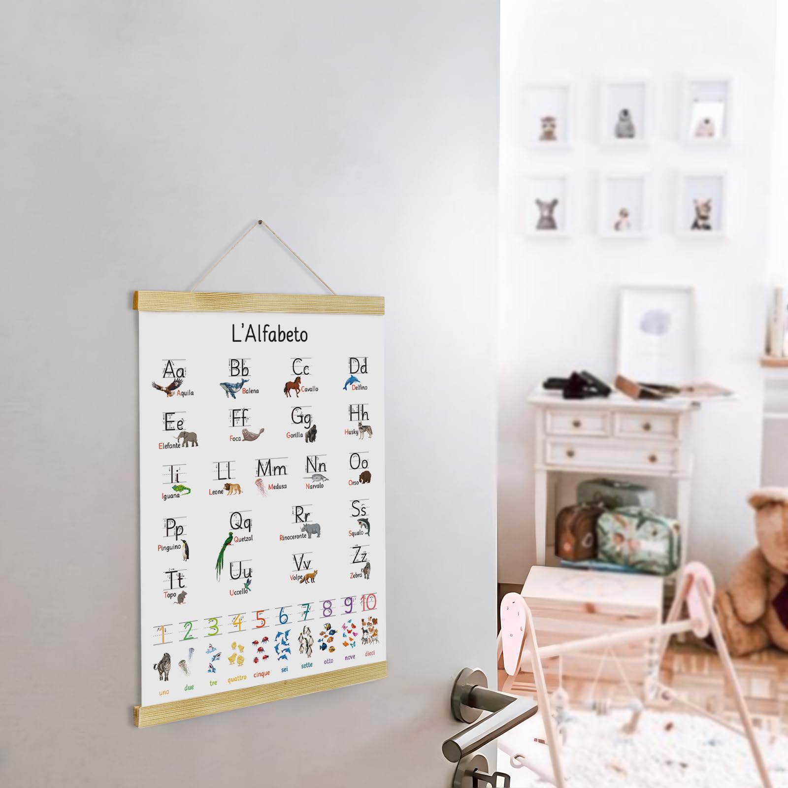 GEBETTER Alfabetiere Murale da Appendere Scuola con Numeri Animali, Poster Lettere Italiano Abecedario da Muro