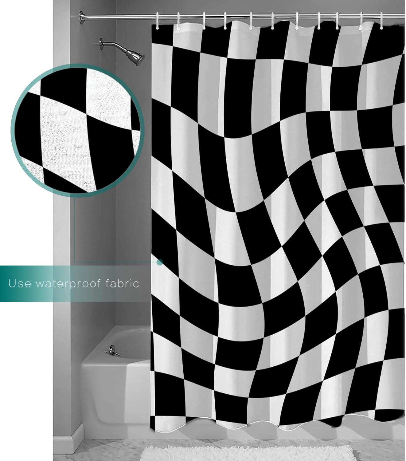 Black and White Checkered Shower Curtain Set - 72" x 78" Washable Bathtub Curtain with 12 Hooks, Modern Irregular Geometric Waterproof Fabric Stall Shower Curtains for Bathroom/Bathtub Décor