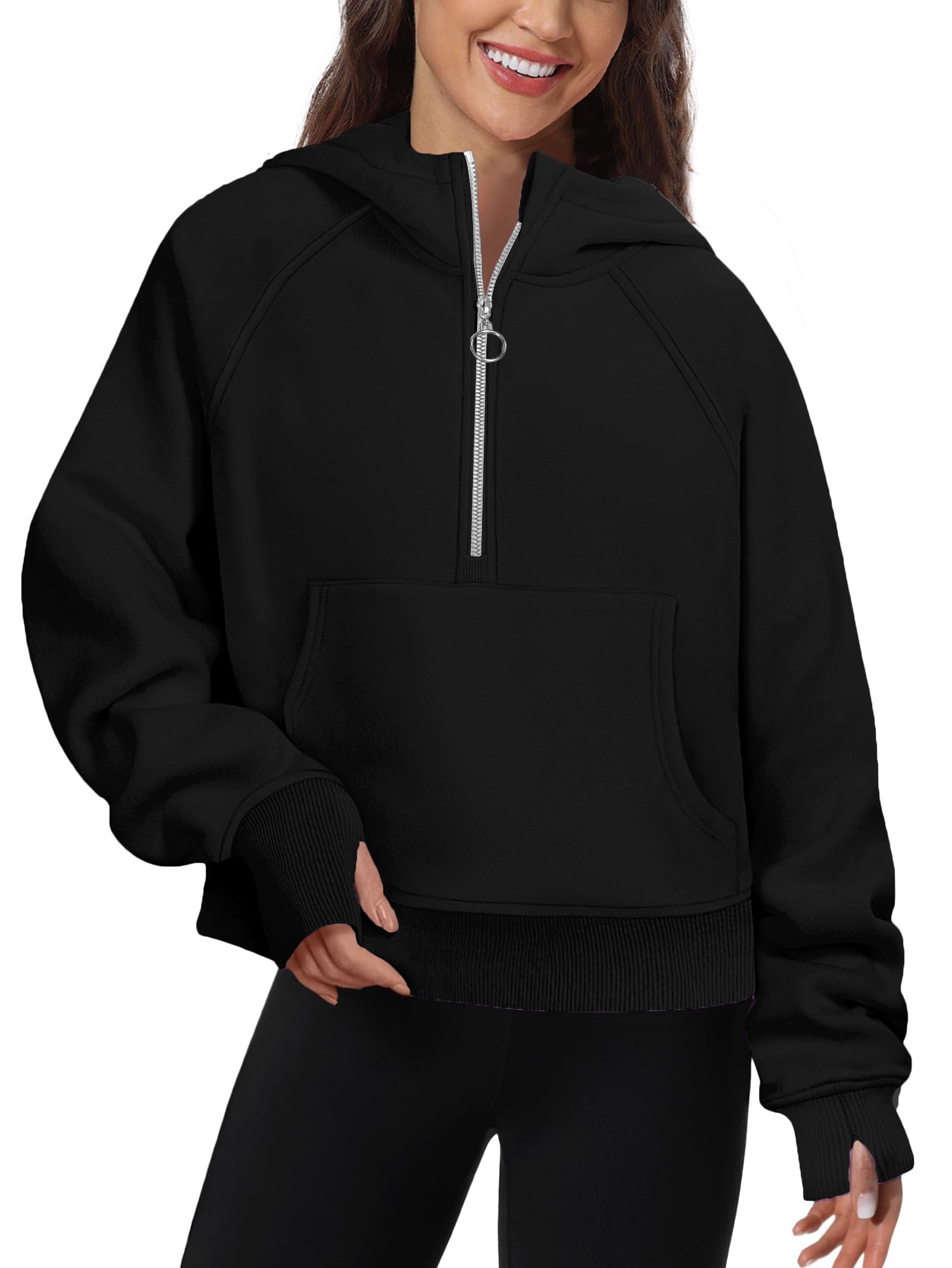 FKEEP Womens Half Zip Hoodies Quarter Zipper Up Cropped Sweatshirt Long Sleeve Athletic Pullover Tops with Thumb Hole