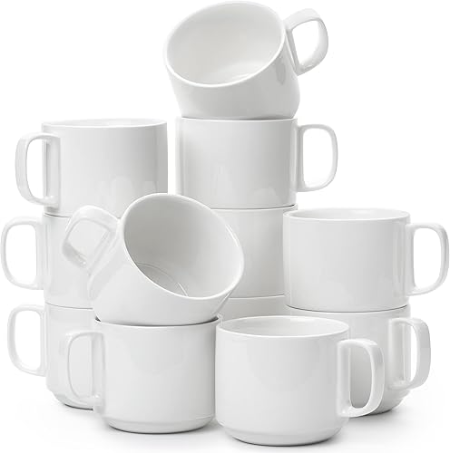 BTAT - Tazas de café apilables de porcelana, paquete de 12, 12 onzas, blancas, tazas de café de cerámica, aptas para lavavajillas y microondas disponible en Yaxa Colombia