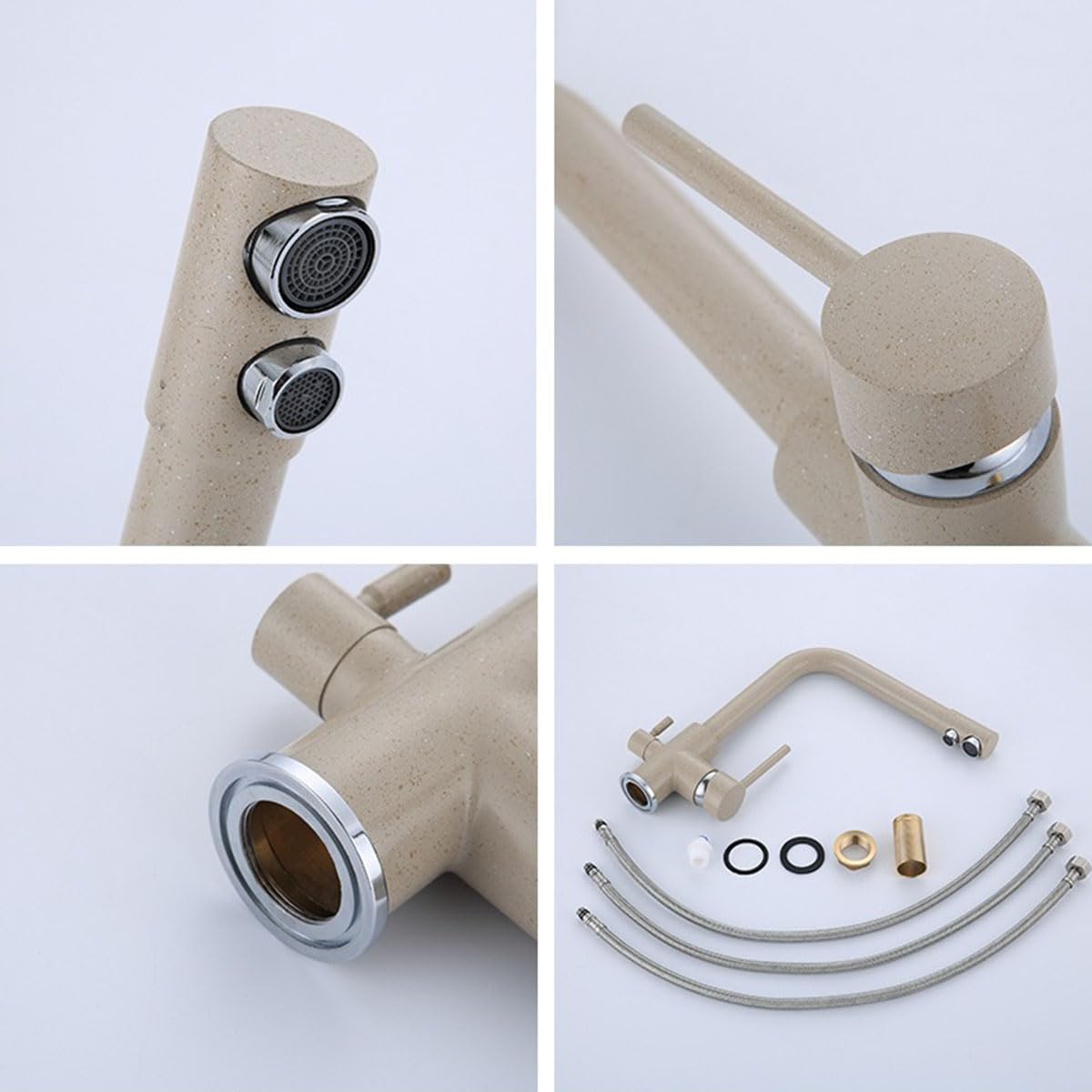 Grifo Fregadero 3 Vías Osmosis, Grifería Giratoria a 360°, Grifo Cocina Lámina Bronce Beige
