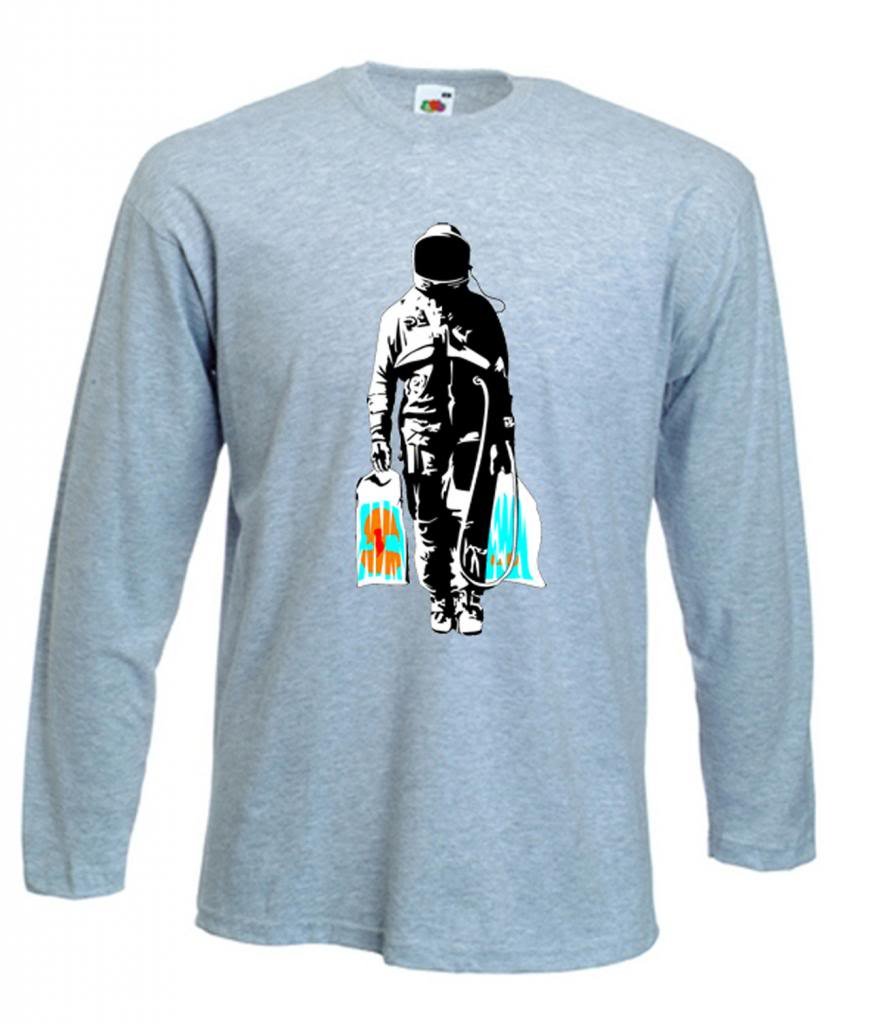 Tribal T-Shirts Mens Banksy Spaceman Long Sleeve T Shirt (Large, Light Grey)