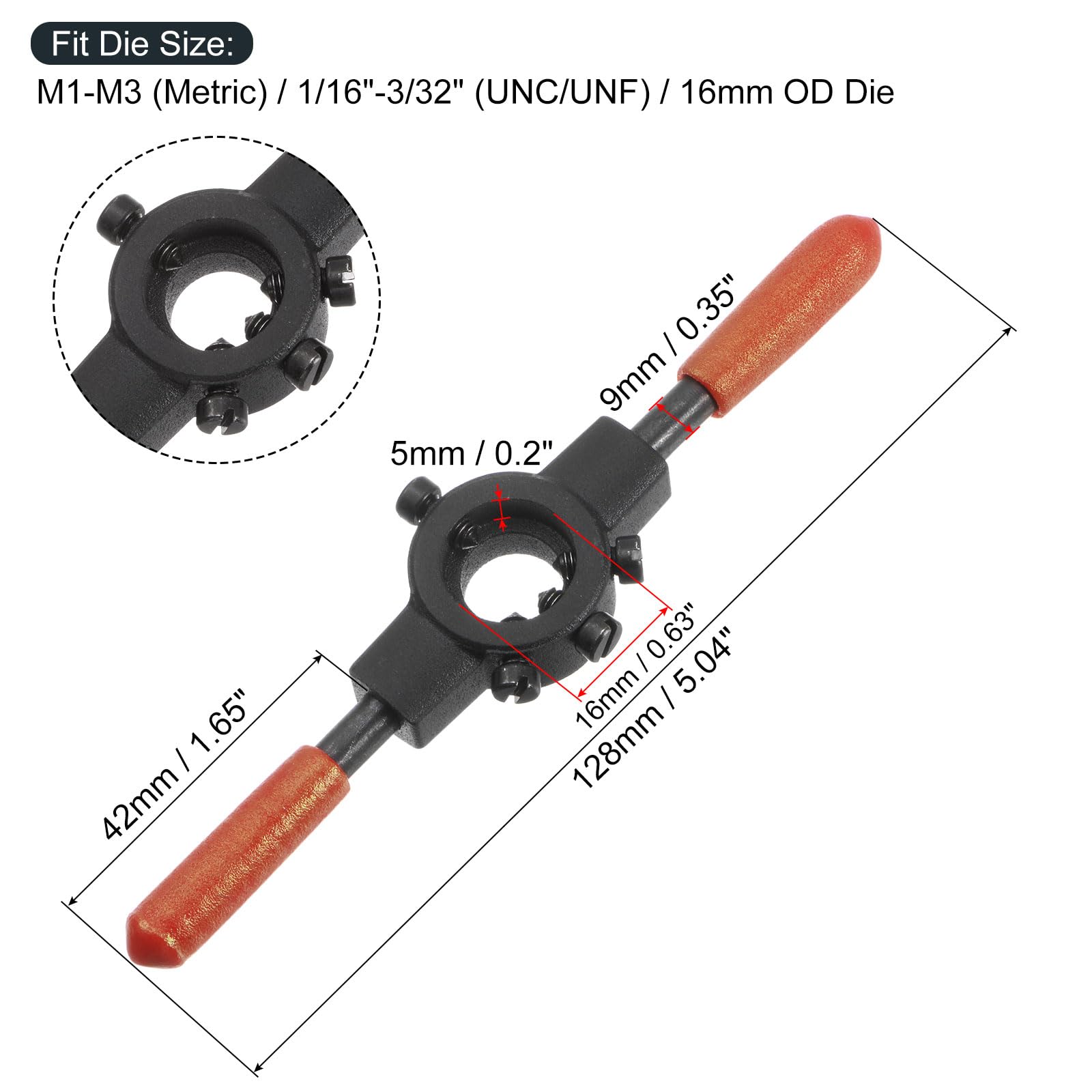 uxcell Die Stock Handle Wrench, for Metric M1-M3 (Metric) / 1/16"-3/32" (UNC/UNF) / 16mm OD Round Dies, 16mm x 5mm Threading Die Holder with Plastic Handle — Amazon image 2