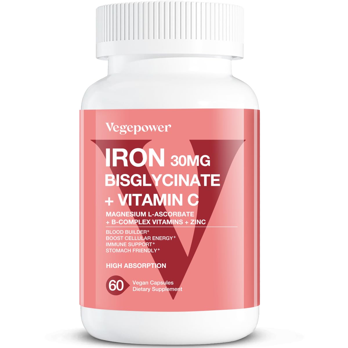 Iron Bisglycinate, 30mg Vegan Iron Supplement for Women & Men, 60 Capsules