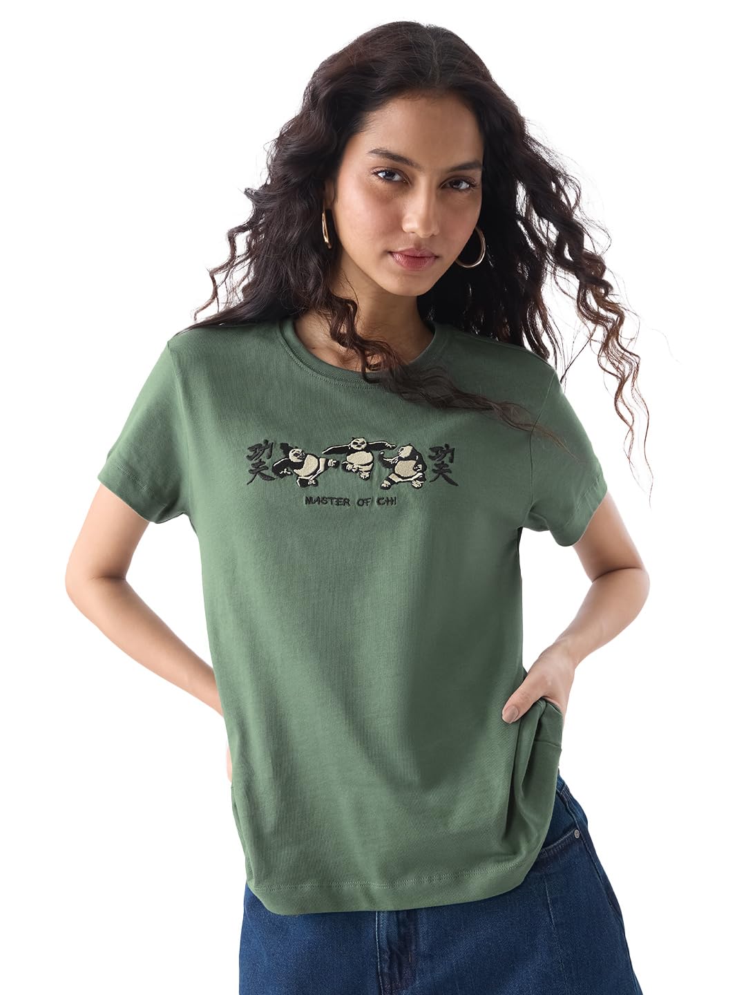 the souled store Kung Fu Panda: Dragon Warrior Women and Girls Short Sleeves Round Neck Green Embroidered Cotton Regular Fit Lightweight Casual Streetwear T-Shirt-picture-27