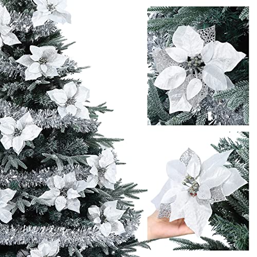 15 Pieces Christmas Glitter Poinsettia with Clips Christmas Poinsettia Decorations Artificial Poinsettia Flowers Ornament Christmas Flowers for New Year Wedding Home Decoration 8.7inch/22cm Silver