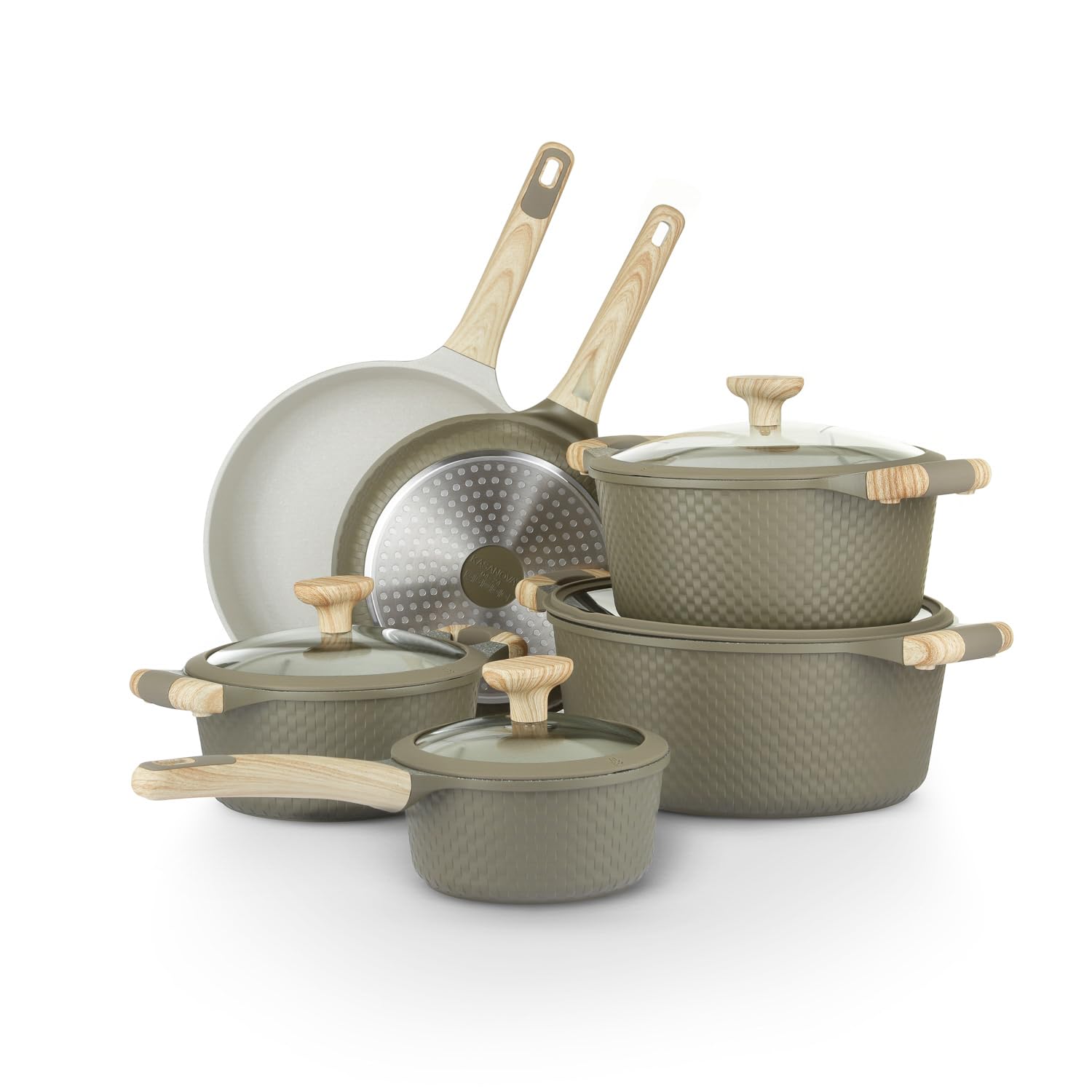 Kasanova Batterie de Cuisine Mrs Wood Antiadhésive en Aluminium, Compatible avec Tous les Types de Feux, Couvercles en Verre, Cuisson Rapide et Homogène (vert et crème, 10)