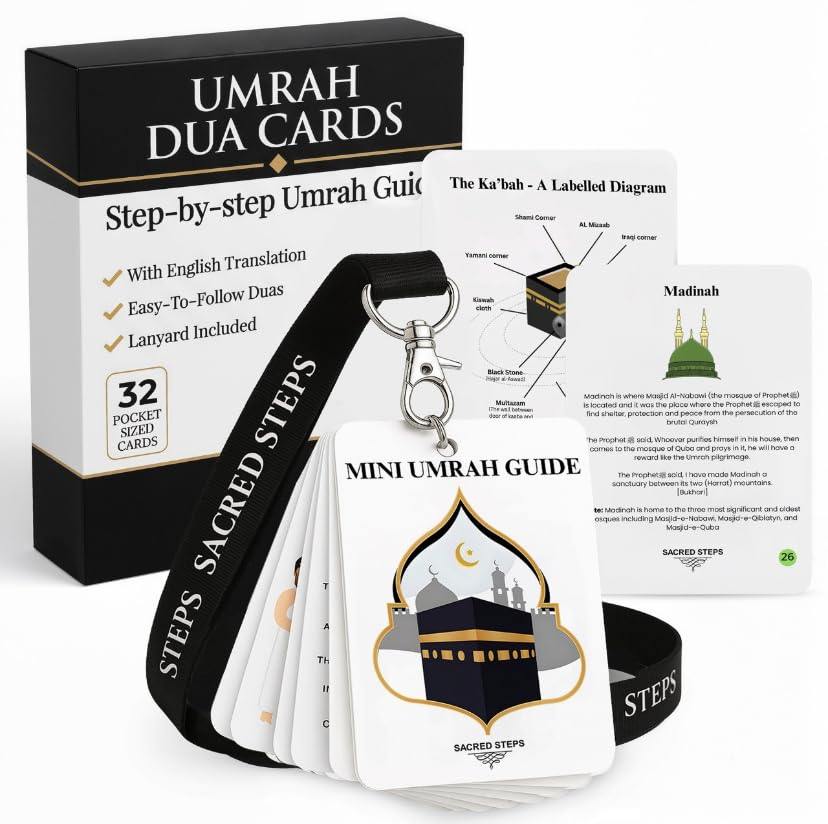 Umrah Dua Cards With Lanyard - Pocket Sized Step by Step Guide with 32 Umrah Flash Cards Including Daily Duas and Supplications in Arabic With English Translations