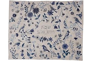 Blue Embroidered Challah Cover with Birds and Flowers