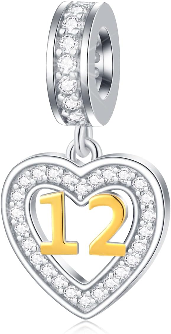 EMOSTAR 10 to 20 21 22 23 24 25 28 30 33 35 40 45 50 55 60 65 70 75 80 Birthday Charms fit European Anniversary Bracelet Necklace, Dangle 18K Golden Number Heart Pendant with CZ, for Women/Men