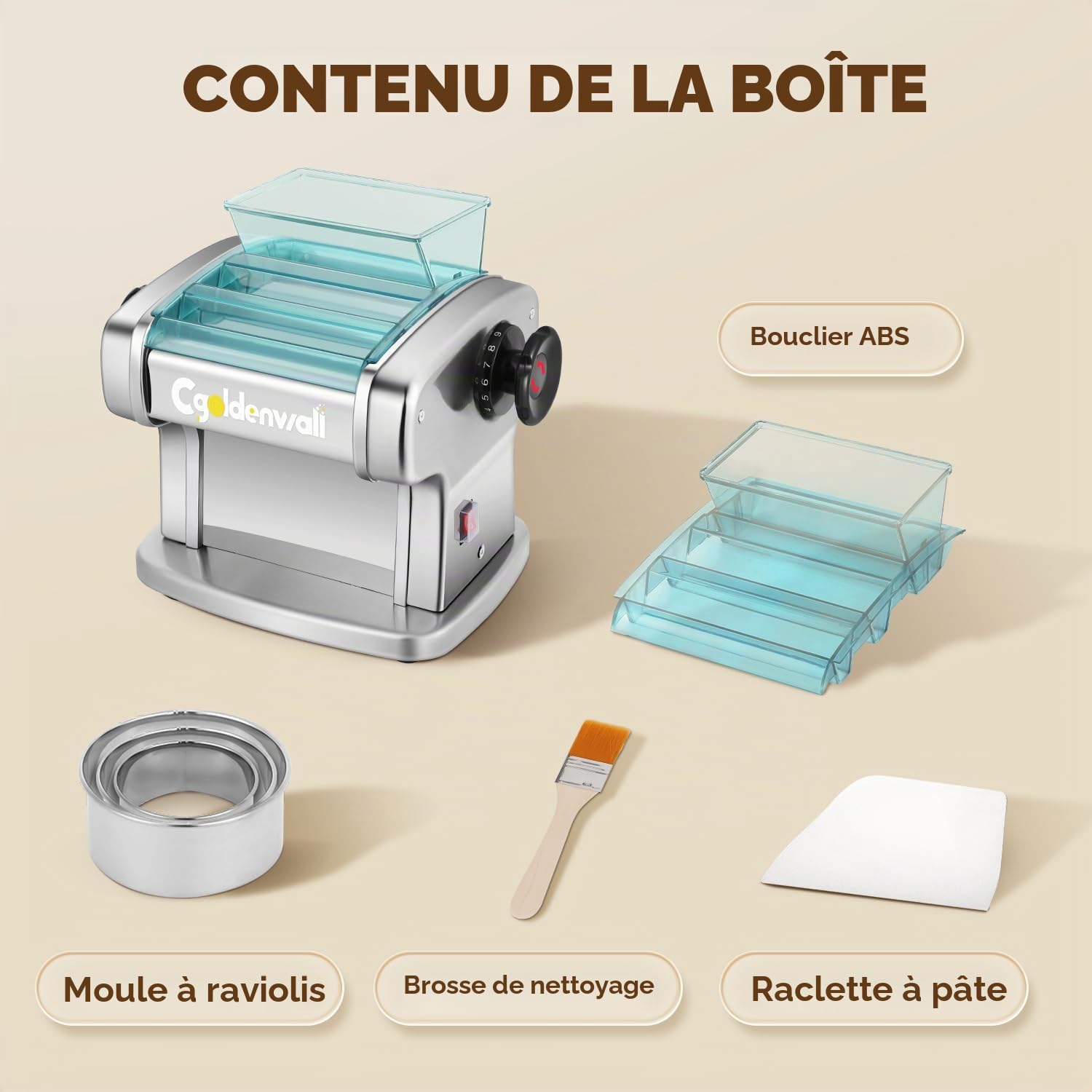 CGOLDENWALL Machine à Pâtes Électrique, Moteur 135W avec 2 Lames (2,5 mm/4 mm) et 9 Épaisseurs Réglables de 0,5-5 mm, Protection en ABS, Acier Inoxydable pour des Nouilles Fraîches Maison