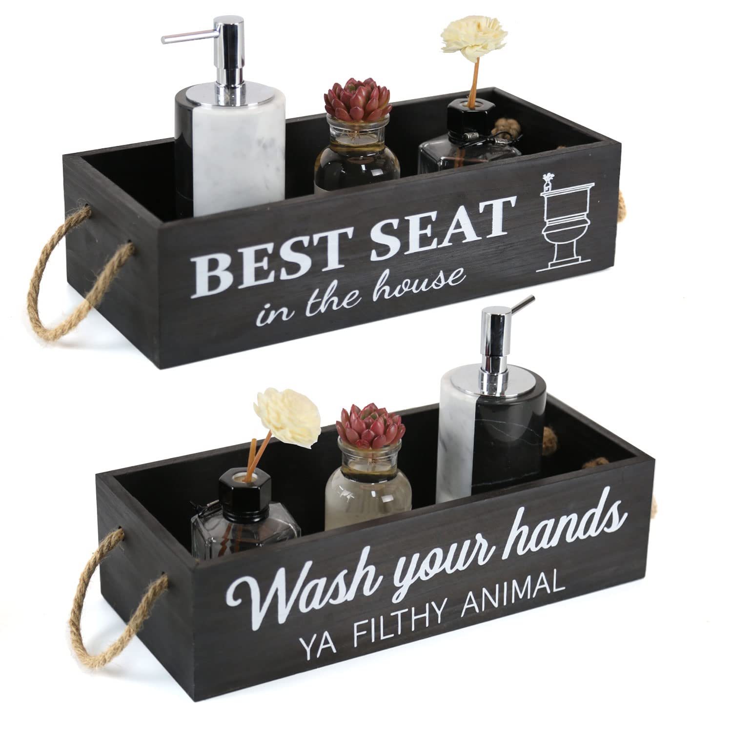 CuffUp Bathroom Decor Box, One Box Bathroom Decor Farmhouse Toilet Paper Holder Rustic Bathroom Decor for Toilet Top, Bathroom Counter Decor with Rope Handle, 2 Sides with Funny Sign(Black)