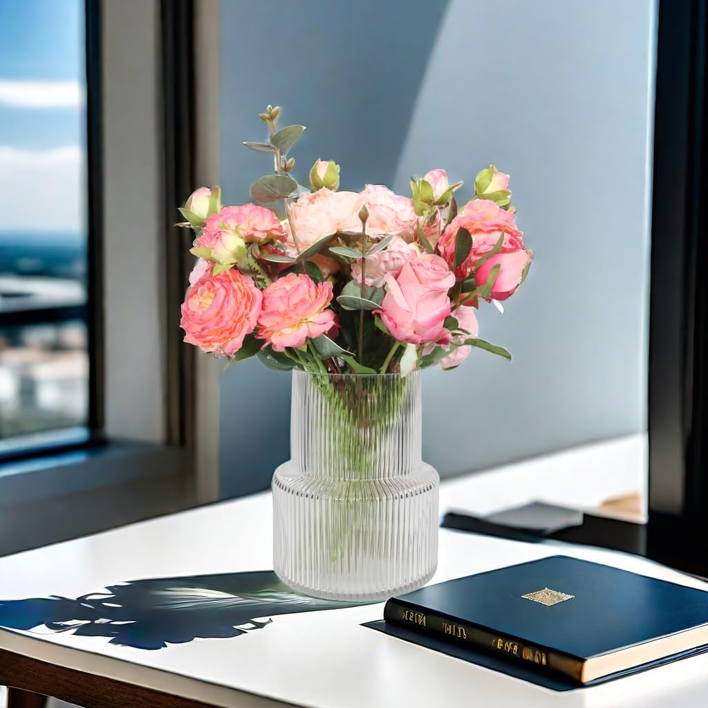 Glass Vases for Decor, Flower Vase, Ribbed Glass Vase, Modern aAesthetic Decor Vases, Vases for Table Centerpieces for Dining Room, Glass Vase for Bookshelf, Dinner Table, Indoor Office Desktop - Image 3