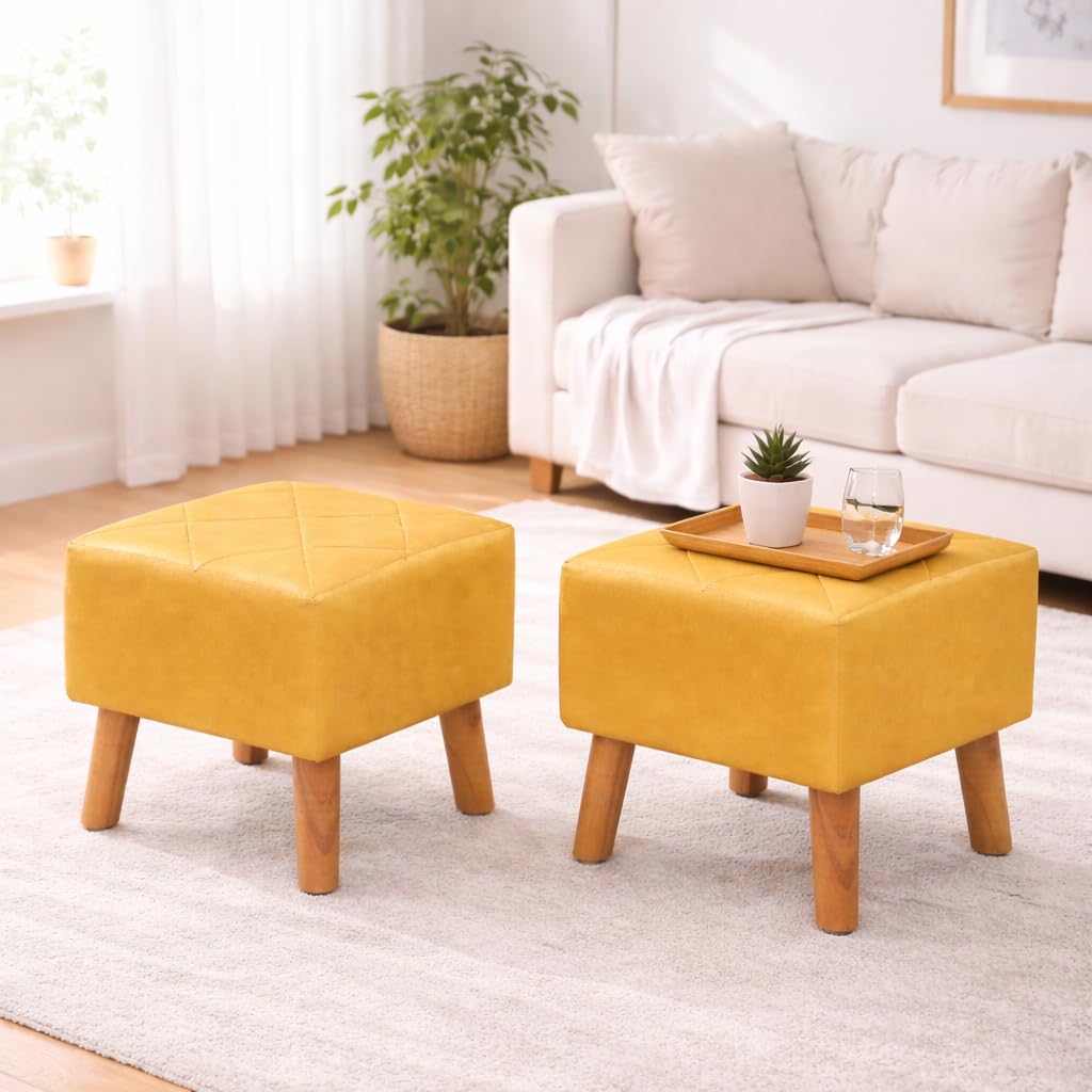Ottoman Stool for Living Room Foot Rest | Velvet Small Ottoman Foot Stool | Solid Wood Legs | Footstool Puffy for Home | Bedroom & Makeup Table | Pack of 2 (12 x 12 Inch) | (Yellow)-image-37