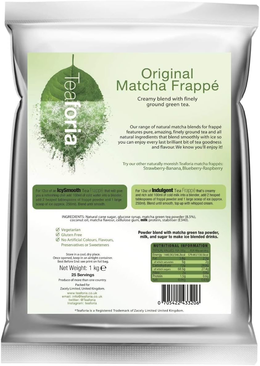 Teaforia Matcha Frappe Powder 1 kg – Original Japanese Green Tea Drink Mix with Dehydrated Milk and Vanilla, Gluten Free and Vegetarian – Easy to Blend for Iced Matcha Latte, Smoothie and Café Drinks