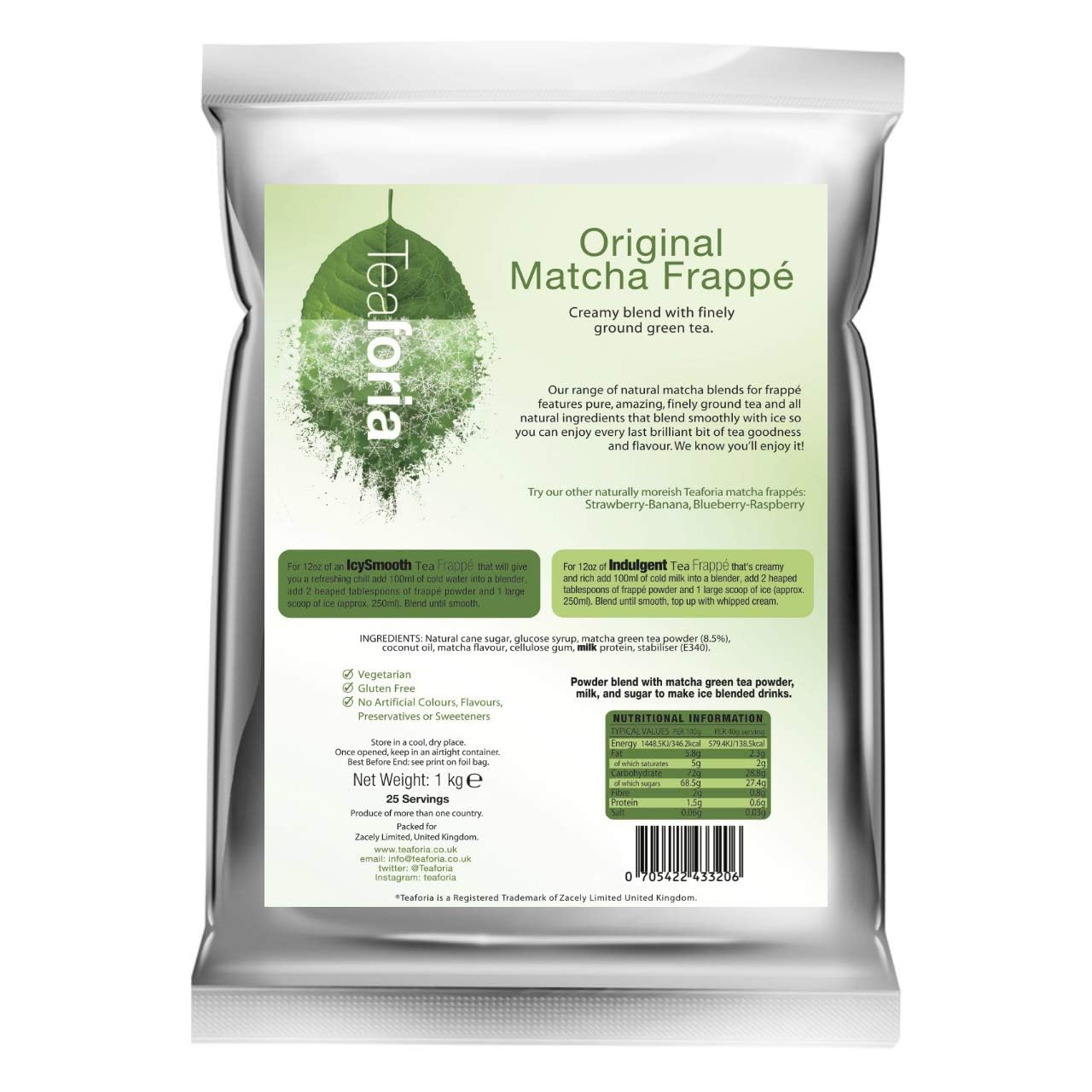 Teaforia Matcha Frappe Powder 1 kg – Original Japanese Green Tea Drink Mix with Dehydrated Milk and Vanilla, Gluten Free and Vegetarian – Easy to Blend for Iced Matcha Latte, Smoothie and Café Drinks