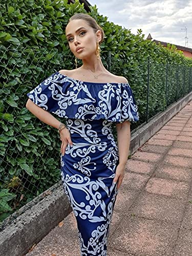 Happy Sailed Women Dark Blue Off-The-Shoulder Maxi Dress, X-Large Blue Tendril Print - Image 5