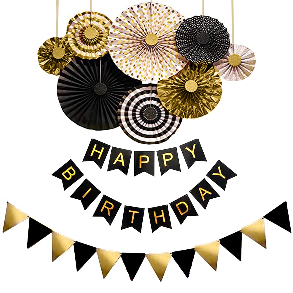 Rozi Decoration Birthday Decoration Paper Fan Hanging Set with Happy Birthday Banners and Pennant Banners , Black 10 Pieces