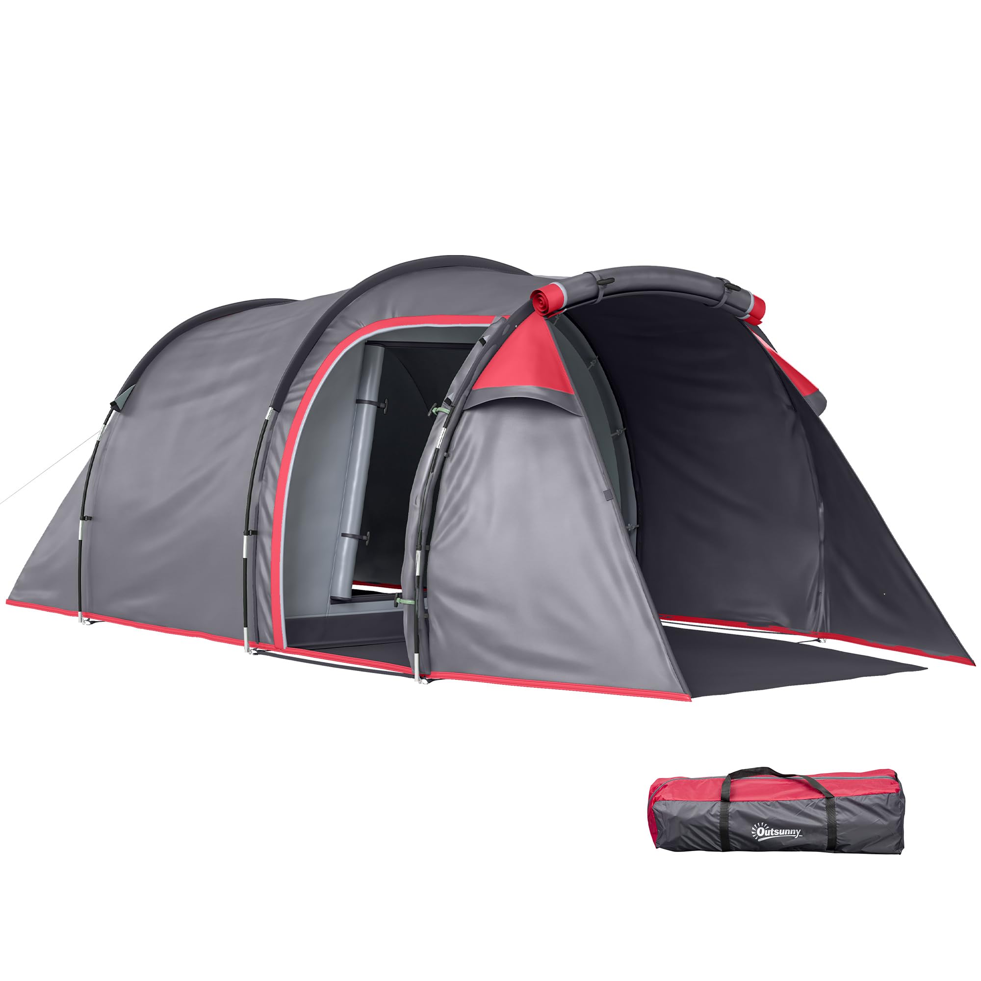 Outsunny 2-3 Person Tunnel Tent with Sewn-in Groundsheet, Air Vents, Rainfly, 2000mm Water Column, Camping Tent with 1 Bedroom, Inbuilt Porch, Living Area for Camping, Hiking, Grey