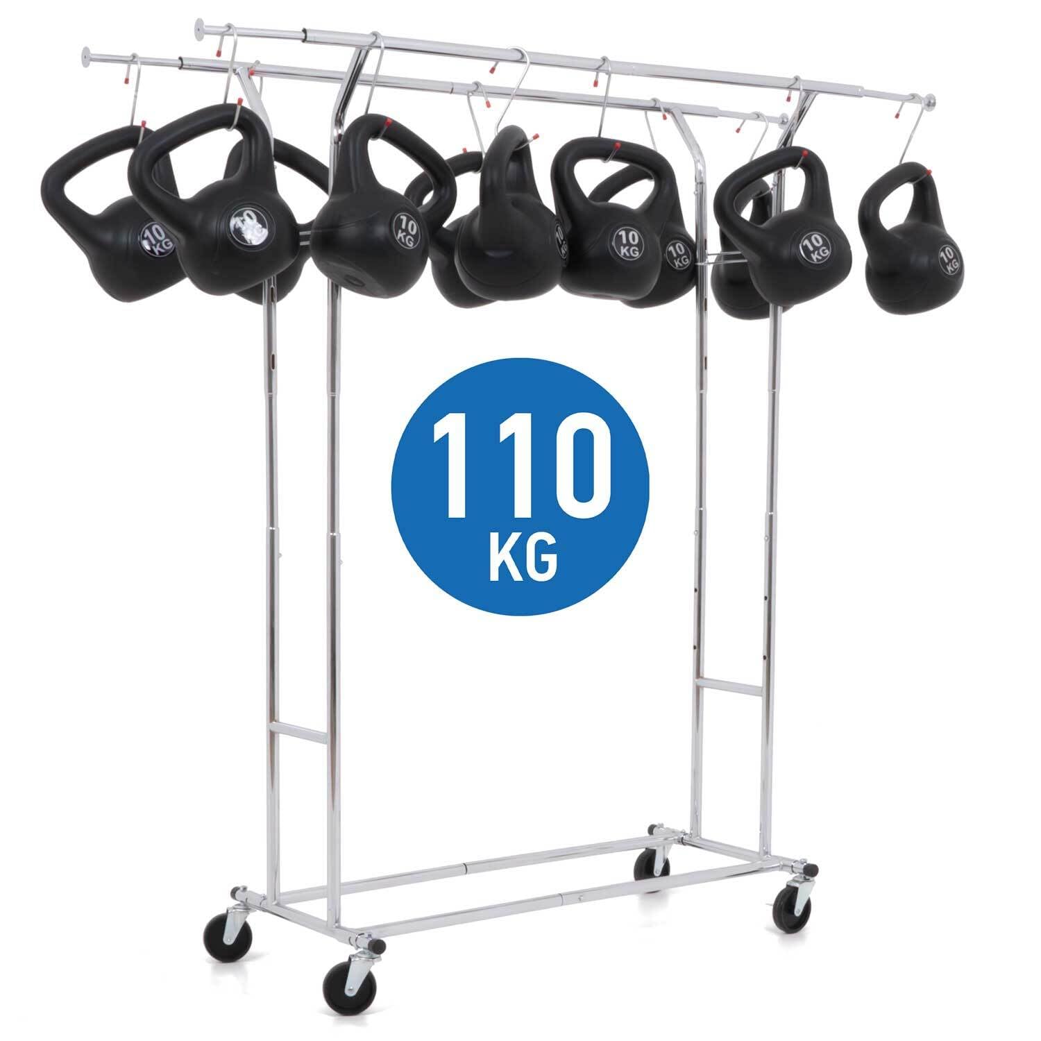Tatkraft Denver - Burro Ropa, Doble, Burro Ropa Resistente, 110 kg Capacidad, Montaje Fácil - 1 min, Perchero Robusto, con Ruedas, Acero Cromado