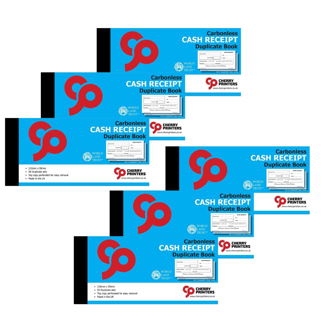 Cherry Printers | Carbonless Cash Receipt Book | Duplicate Book | 2 Part | 210 x 99mm | 50 Sets | NCR Receipt Pad with Perforated Pages | Business Accounting Receipt Book | Made in the UK **6 Pack**