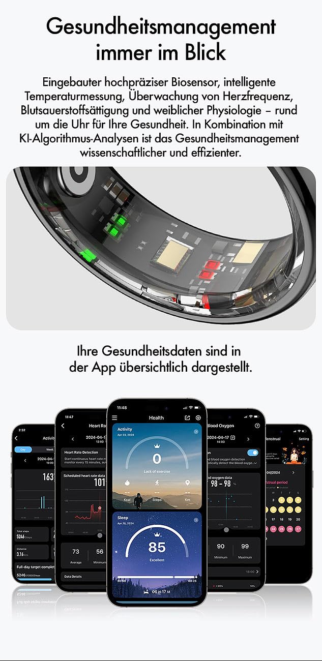 Newgen Medicals Schlaf-Fitness-Ring: Fitnesstracker-Ring, Touch-Bedienung, Herzfrequenz, SpO2, 5 ATM, Gr.57 (Smart mit Herzfrequenzmessung, Activity-Tracker, Akkus)