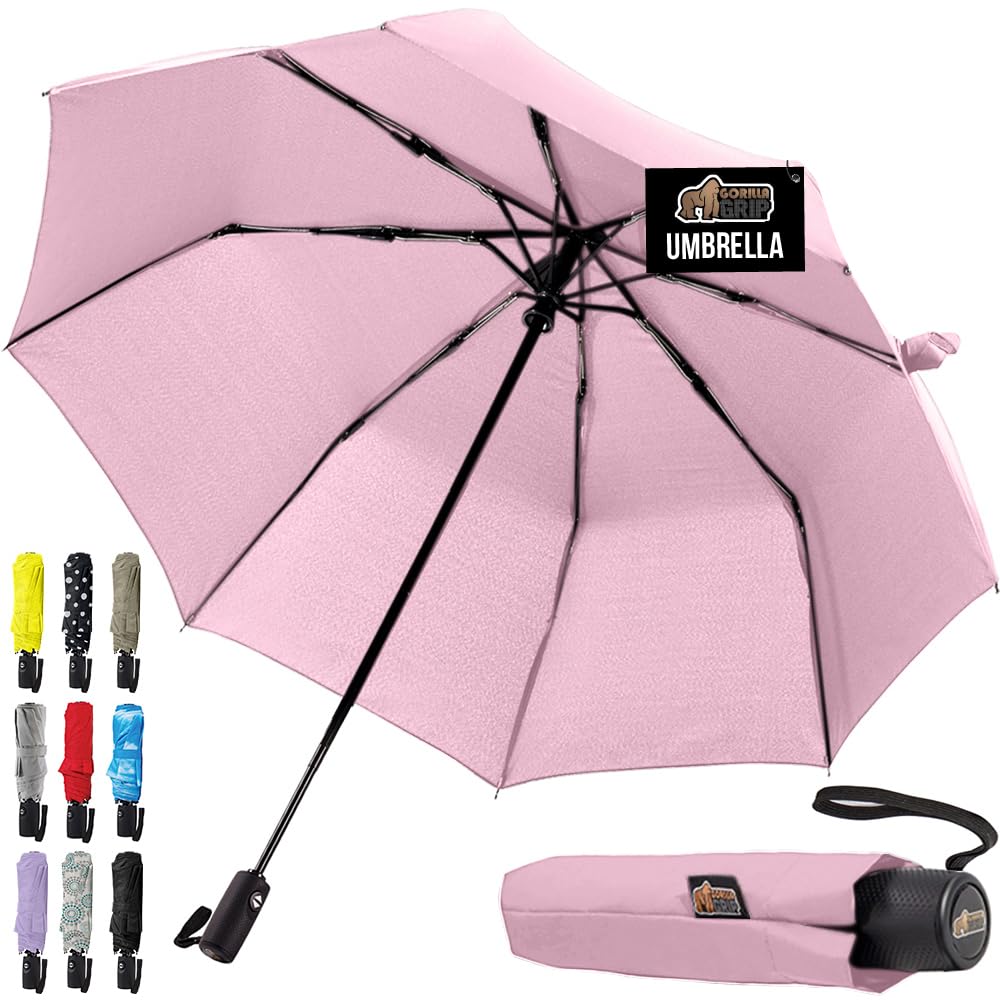 GORILLA GRIP Strong Windproof Stick Compact Umbrella for Rain, One-Click Automatic Open and Close, Durable Quick Dry Waterproof Material, Lightweight and Portable, Travel Size Fits Backpack, Pink